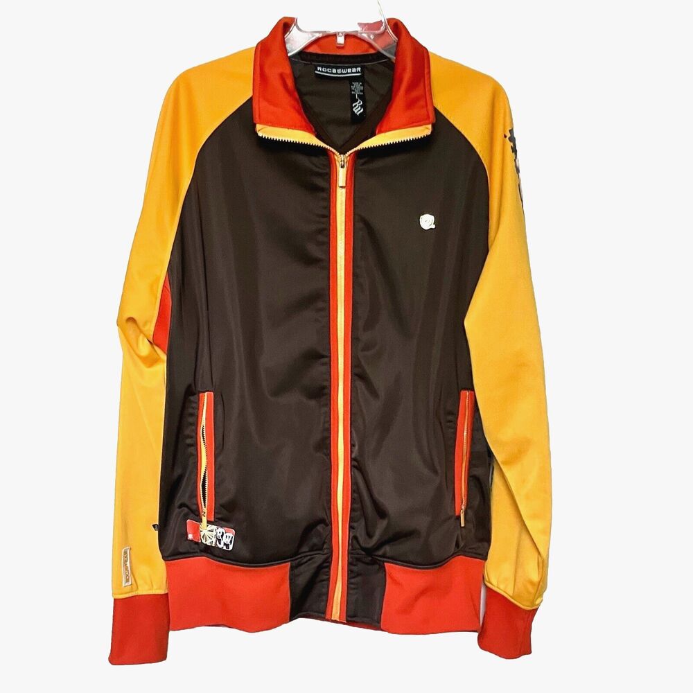 Roca Wear Jacket Mens Large Y2K Hip Hop Brown & Orange Track Windbreaker